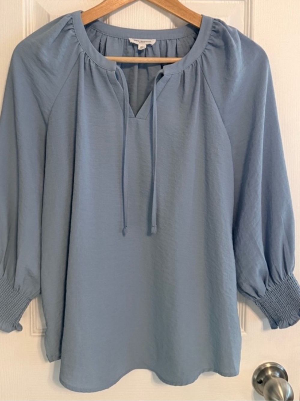 Westbound Sky Blue Peasant Tie-Neck Blouse
